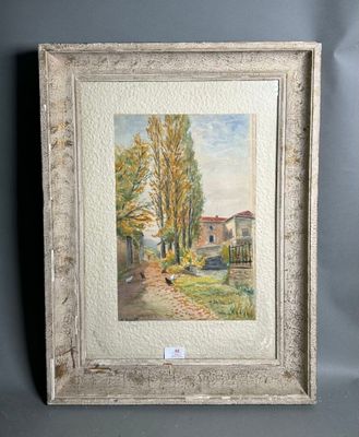 a painting of a country road with trees and houses in the background