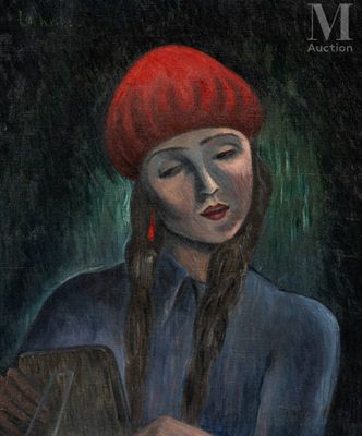 painting of a woman in a red beret holding a fan
