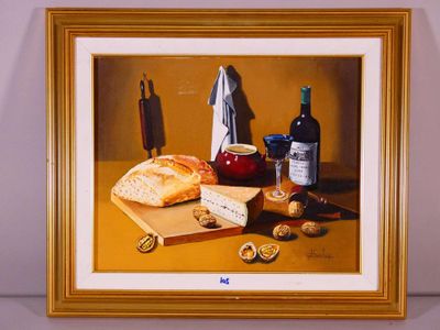 Jean-Claude Frechin (XX-XXIe) Nature morte, au vin, fromage … - Photo 1