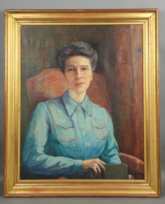 tableau représentant une femme en chemise bleue, assise sur une chaise