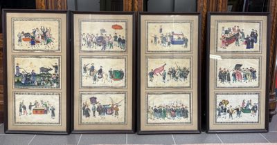 four framed pictures of people on display in a room