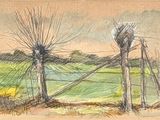 peinture d'un champ avec une clôture en fil de fer et des arbres au premier plan
