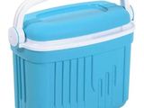 blue and white plastic lunch box with handle on white background