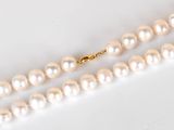 a close up of a white pearl necklace with a gold clasp