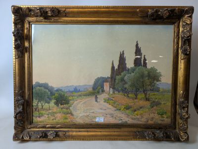 une peinture à l'huile représentant une route de campagne avec une église en arrière-plan
