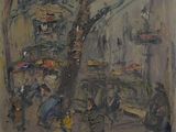 painting of a painting of people walking down a street with umbrellas