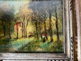 a picture of a painting of a man and a dog in the woods