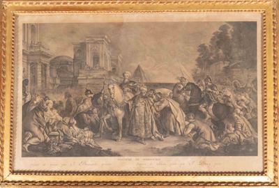an old picture of a group of people standing around a man on a horse