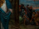 a painting of a woman standing in front of a cross