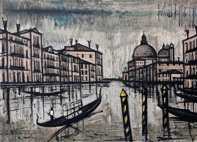 a painting of gondolas on the water with buildings in the background
