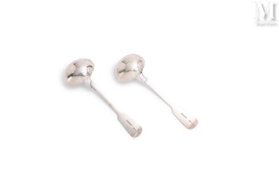 pair of silver spoons with handles on white background