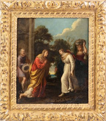 un tableau représentant un tableau où figurent une femme et deux hommes dans un paysage