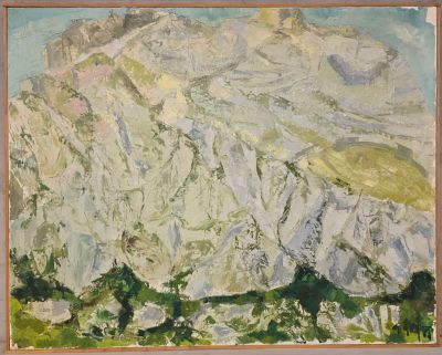 une peinture à l'huile représentant une montagne avec des arbres au premier plan