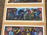 three framed paintings of people on a city street, one of them is a man and the other is a woman