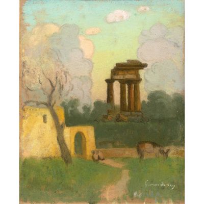 une peinture représentant un vieux bâtiment et quelques animaux dans un champ
