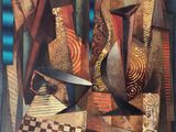 tableau représentant une nature morte avec un vase et un couteau posés sur une table