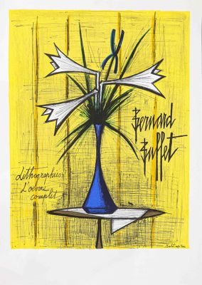 dessin représentant un vase bleu contenant des fleurs blanches, sur fond jaune
