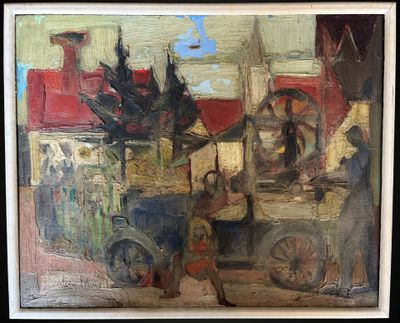 an oil painting of a man standing in front of a truck