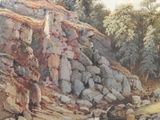 une peinture représentant une rivière avec des rochers et des arbres en arrière-plan