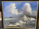 une photo d'un tableau représentant une vague venant s'écraser sur le rivage