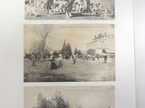 two black and white photos of a man on a horse jumping over a group of people