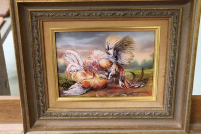 a picture of a painting of a rooster and a chicken