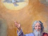 an image of a painting of a man with a beard and a dove above him