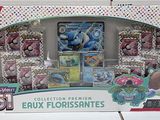 display of pokemon trading cards and collectibles in a display case