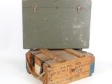 two old wooden boxes stacked on top of each other