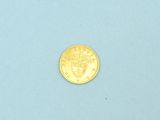 a close up of a gold coin on a blue surface