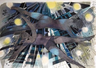 un dessin représentant un oiseau survolant une ville la nuit