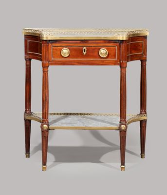 une petite table avec un plateau en marbre et deux tiroirs