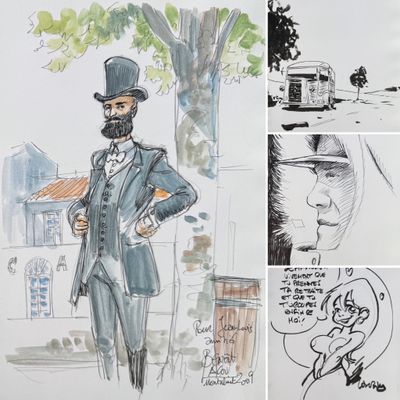 several sketches of a man in a top hat and a suit