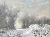 un tableau représentant une route enneigée avec des arbres et des buissons en arrière-plan