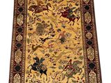 an oriental rug with horses and riders on a yellow background