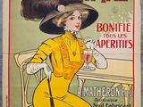 an old french poster advertising a woman in a yellow dress and hat