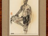 drawing of a man with a sword in his hand on a wooden surface