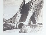un dessin en noir et blanc représentant un tunnel dans les montagnes