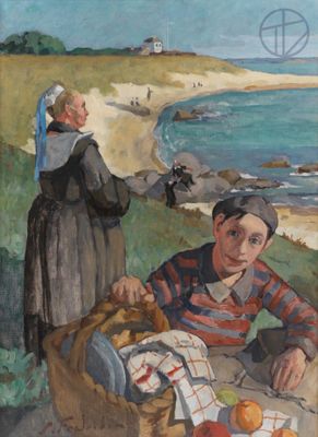 a painting of a man and a woman sitting on the beach