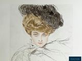 a drawing of a woman with a large hat on her head