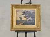 a picture of a painting on a easel with a giraffe standing next to it