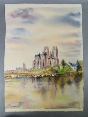 watercolor painting of a castle on the shore of a river