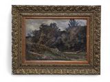 an oil painting of a wooded landscape with trees in the foreground