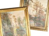 deux tableaux encadrés représentant des arbres et une rivière dans un cadre doré