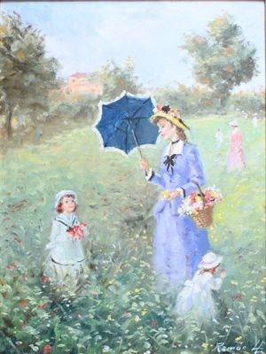 a painting of a woman and a child in a field with an umbrella