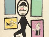 cartoon drawing of a man standing in front of a wall with pictures on it