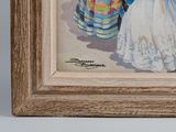 a painting of two women in dresses and a man in a suit