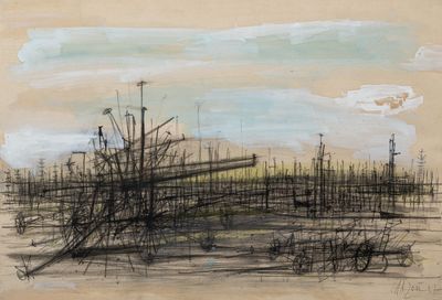 dessin représentant un paysage avec des arbres et un ciel en arrière-plan
