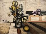a painting of a vase of flowers and fruit on a table