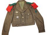 an image of a military jacket with red and green trims